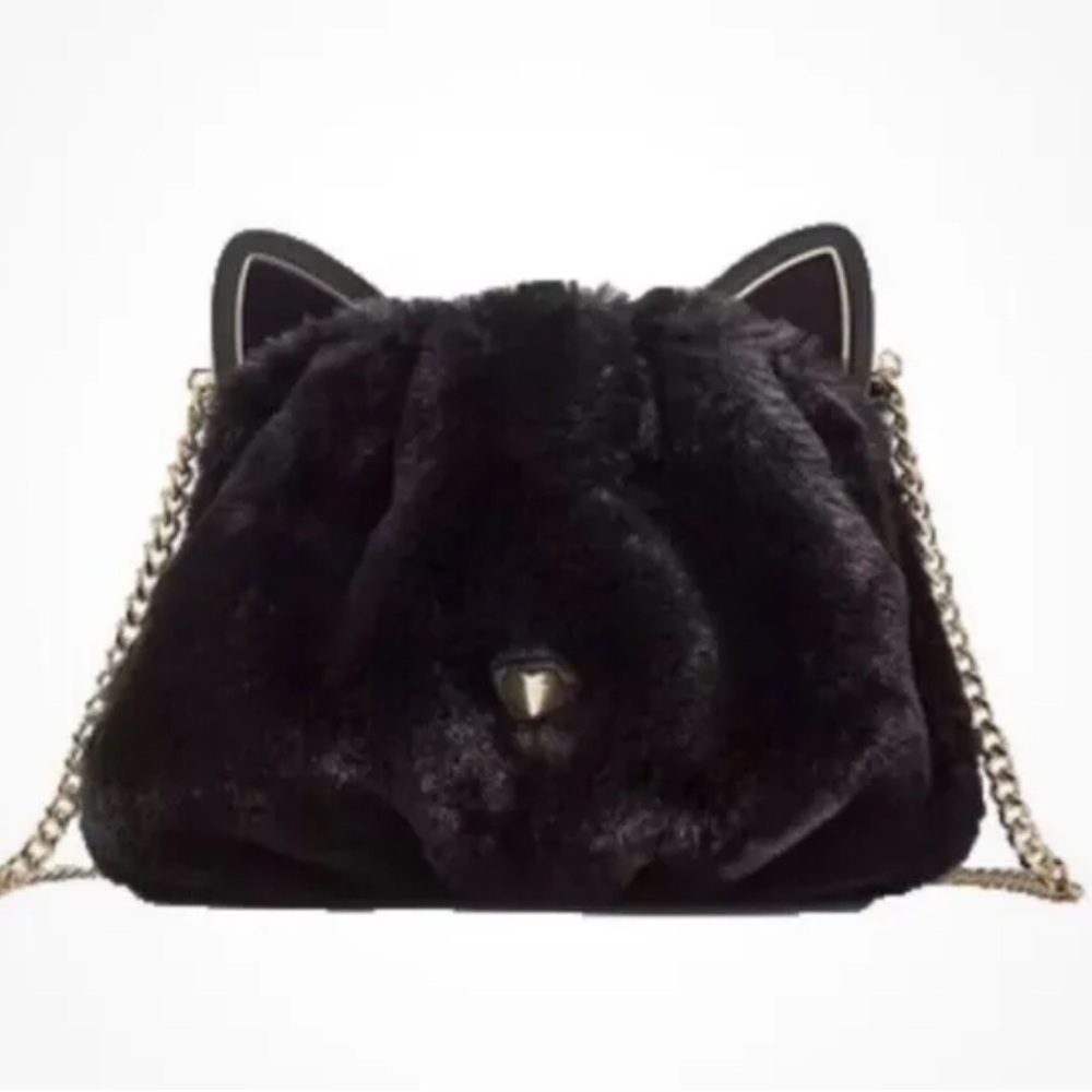 KATE SPADE Pitch Purrfect 3D Cat Crossbody Bag Faux Fur Purse Handbag NWT black